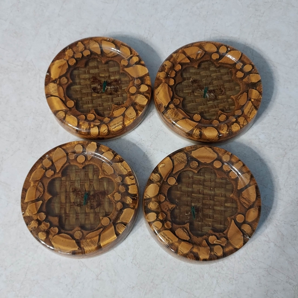 MCM Lucite Acrylic Wood Cane Weave Pressed Butterfly Set of 4